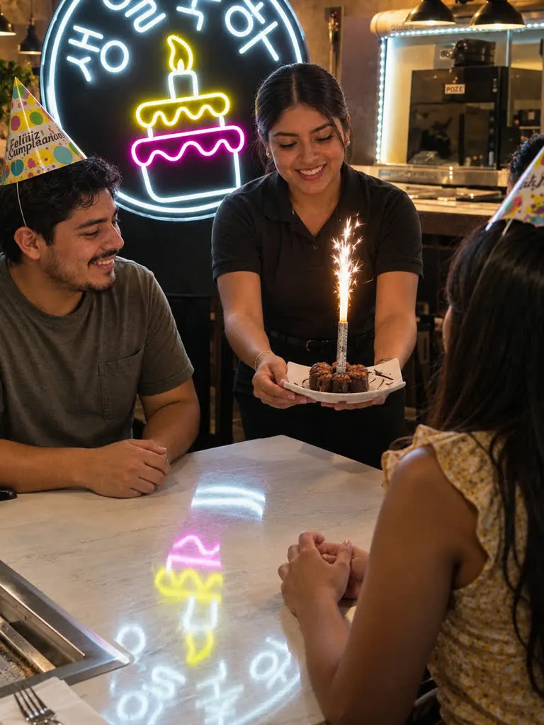 El equipo lleva el postre de cumpleaños a la mesa