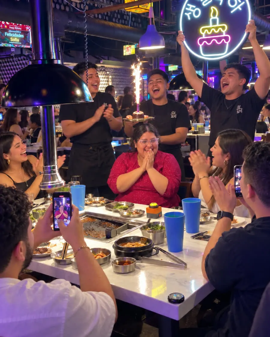 El equipo de WON cantando con el letrero de cumpleaños