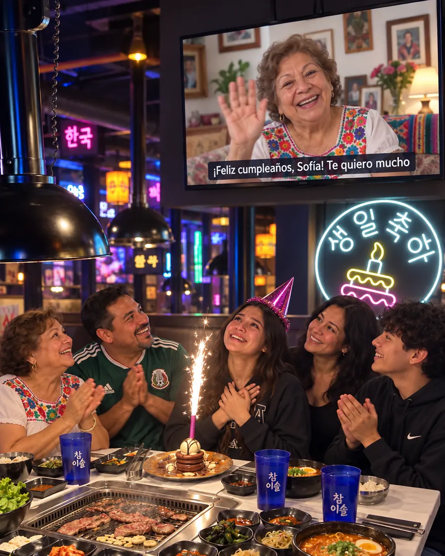 Familia viendo un video de felicitación