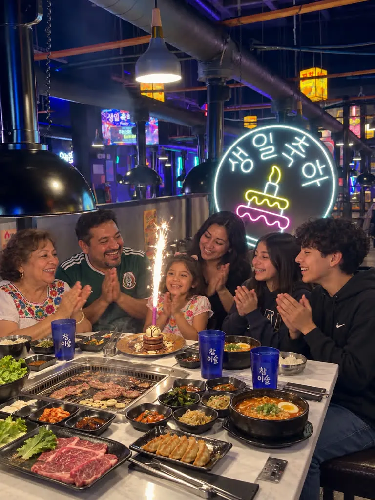 Familia celebrando alrededor de una mesa con comida