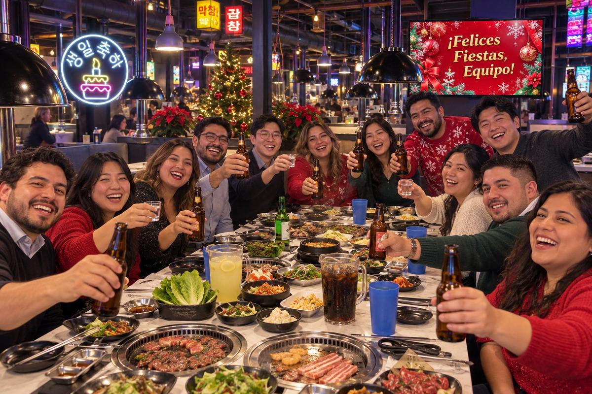 Equipo de trabajo brindando en una posada en WON Korean BBQ