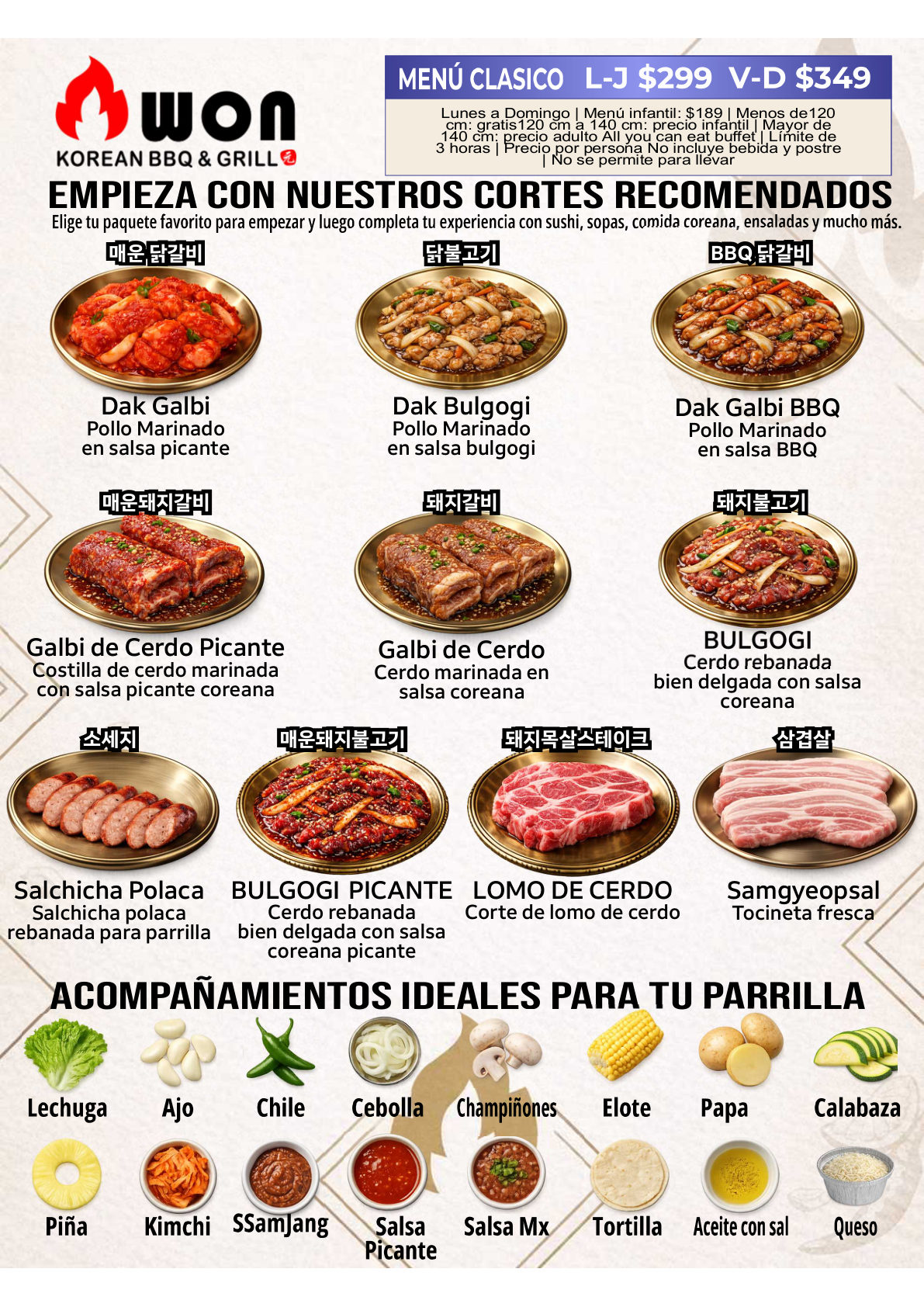 Cortes de carne a la parrilla Menú Clásico Won Korean BBQ