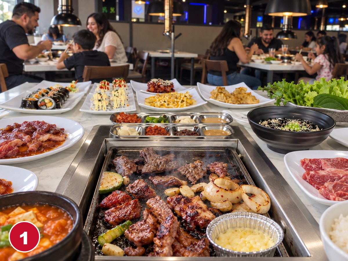 Mesa de WON con parrilla integrada, cortes, banchan y platillos coreanos