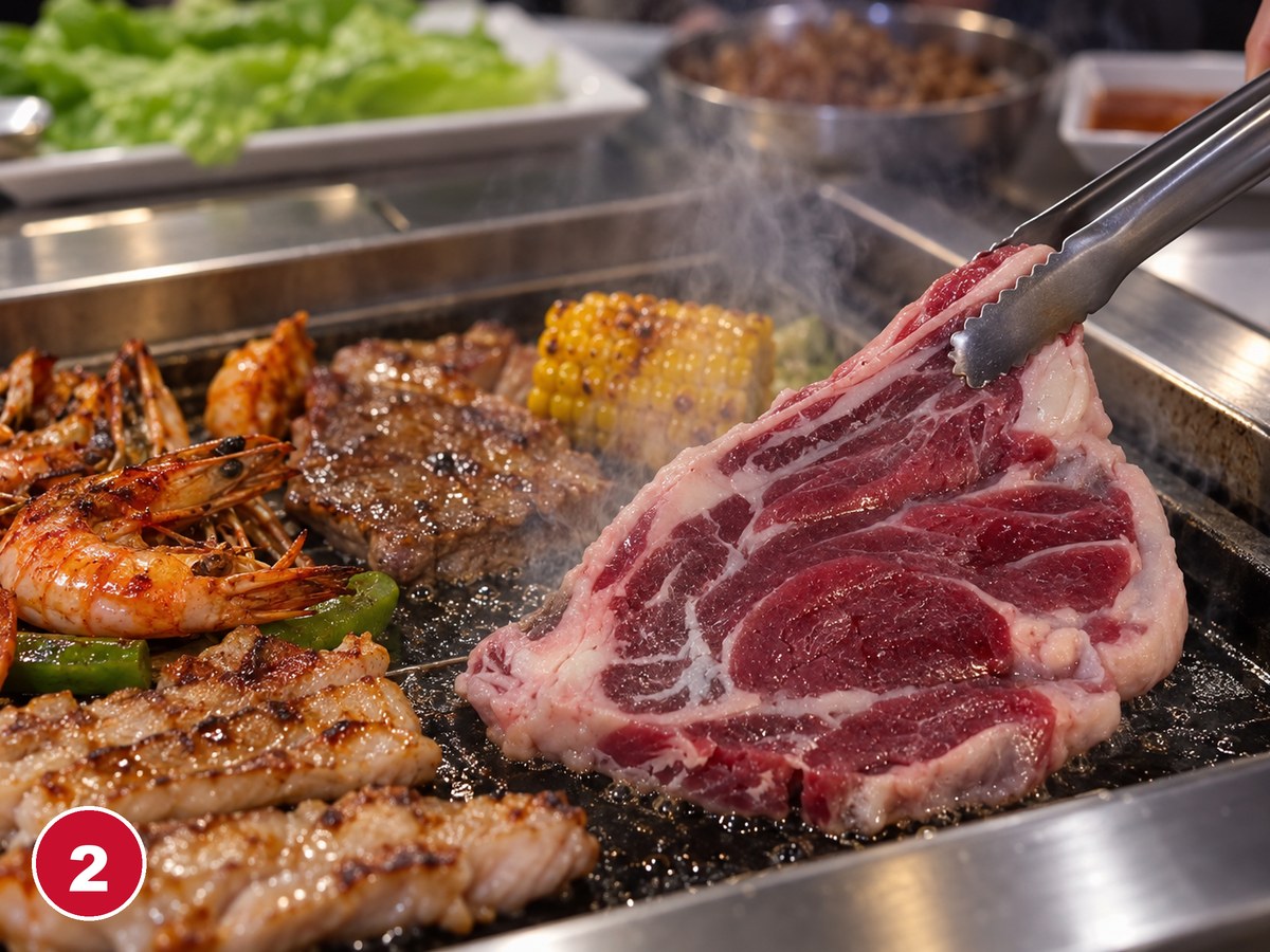 Pinzas volteando un corte de res crudo en la parrilla de la mesa