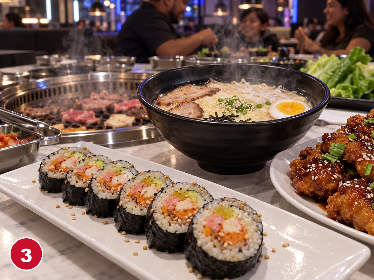 Gimbap, ramen y pollo coreano servidos listos en la mesa