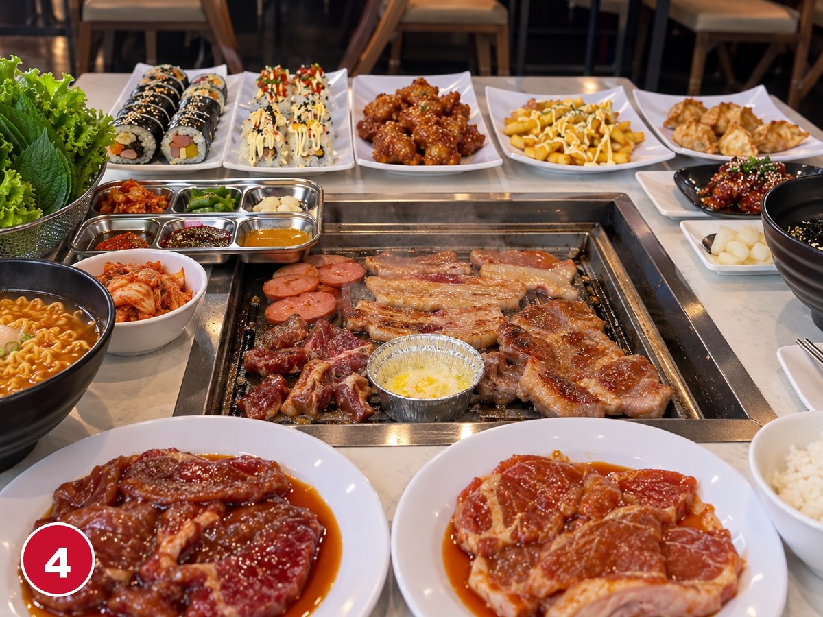 Mesa llena de carnes marinadas, sushi, ramen y banchan para repetir